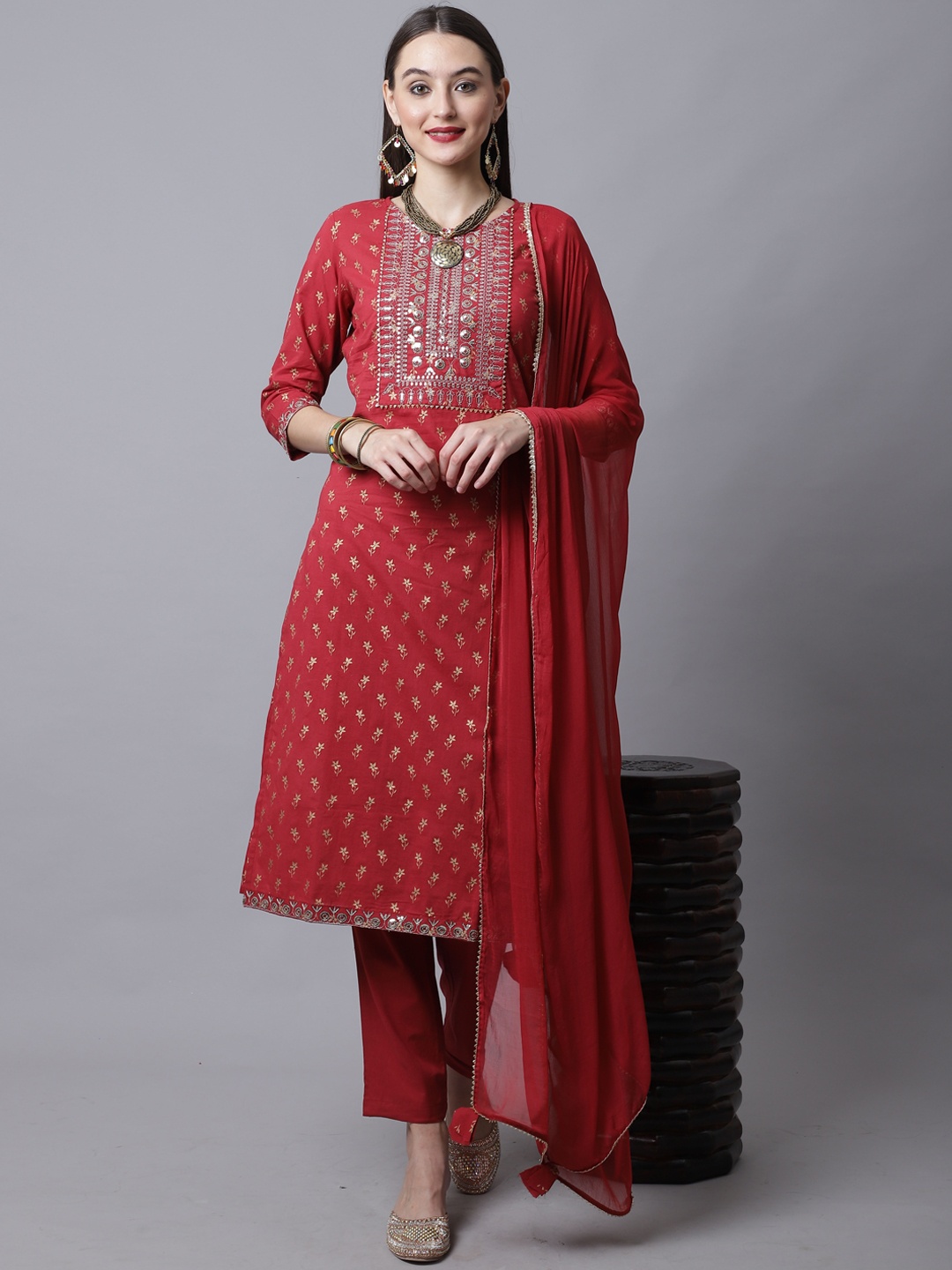 

Rajnandini Women Maroon Floral Embroidered Sequinned Pure Cotton Kurta with Trousers & With Dupatta