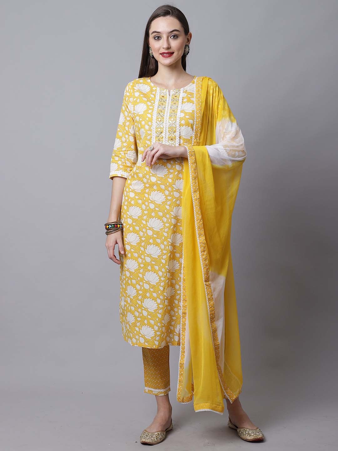 

Rajnandini Women Yellow Floral Printed Thread Work Pure Cotton Kurta with Trousers & With Dupatta