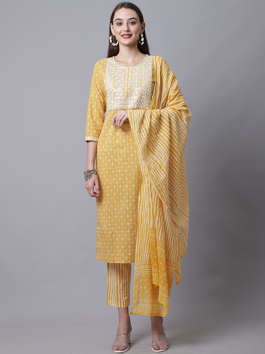 

Rajnandini Women Mustard Yellow Ethnic Motifs Embroidered Pure Cotton Kurta with Trousers & With Dupatta