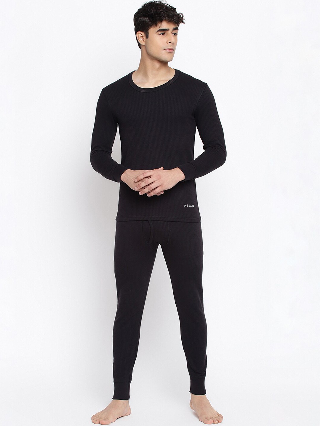 

Almo Wear Men Black Cotton Striped Thermal Set