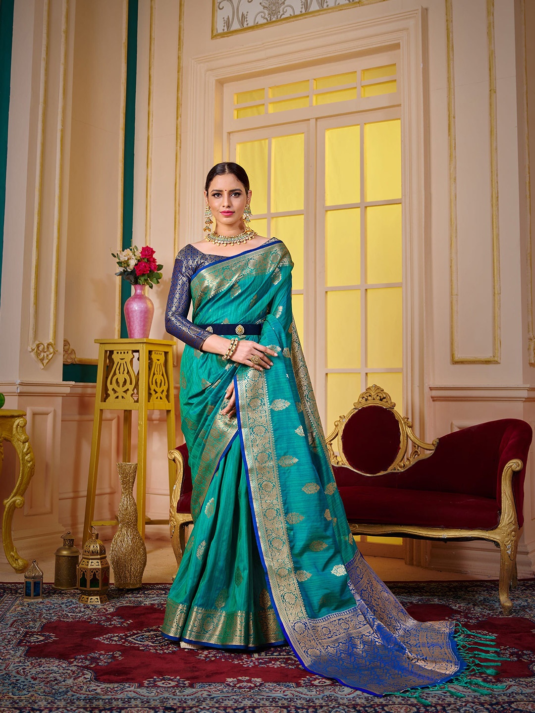 

elora Blue & Gold-Toned Ethnic Motifs Zari Silk Blend Saree
