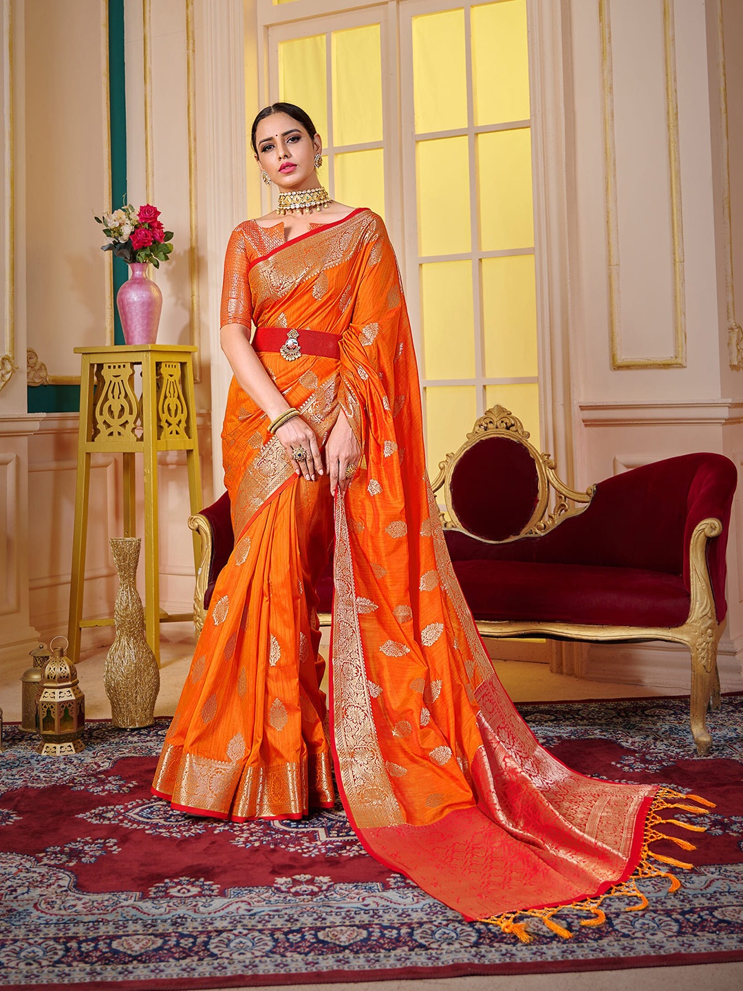 

elora Orange & Gold-Toned Floral Zari Silk Blend Saree