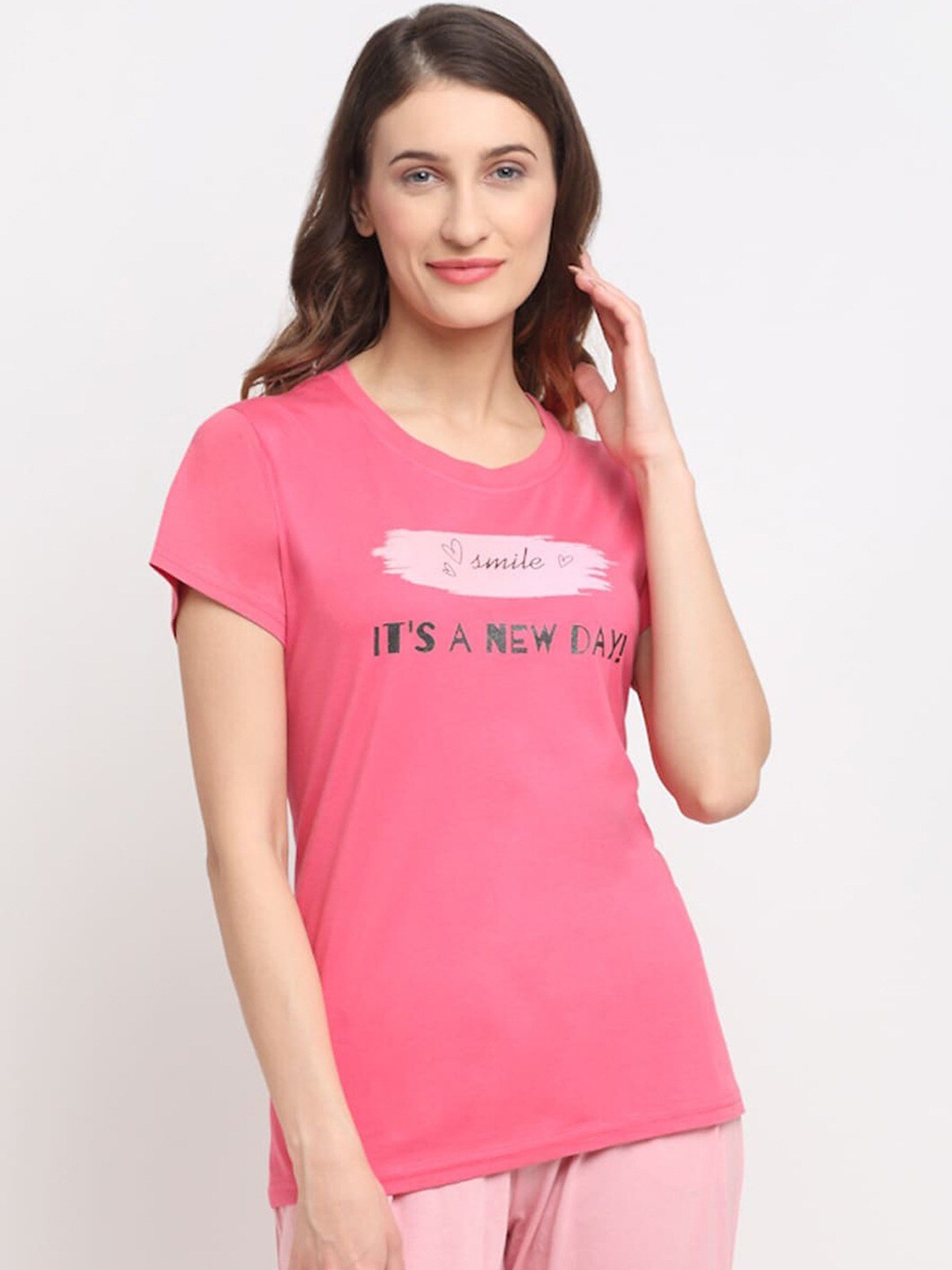

Kanvin Women Pink Printed Pure Cotton Lounge Tshirt