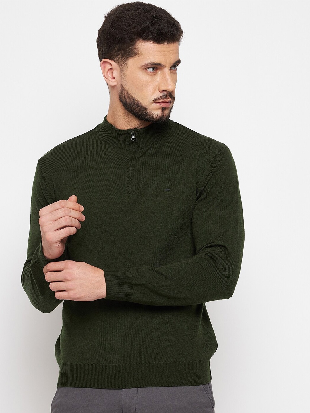 

Okane Men Olive Green Ribbed Pullover with Zip Detail