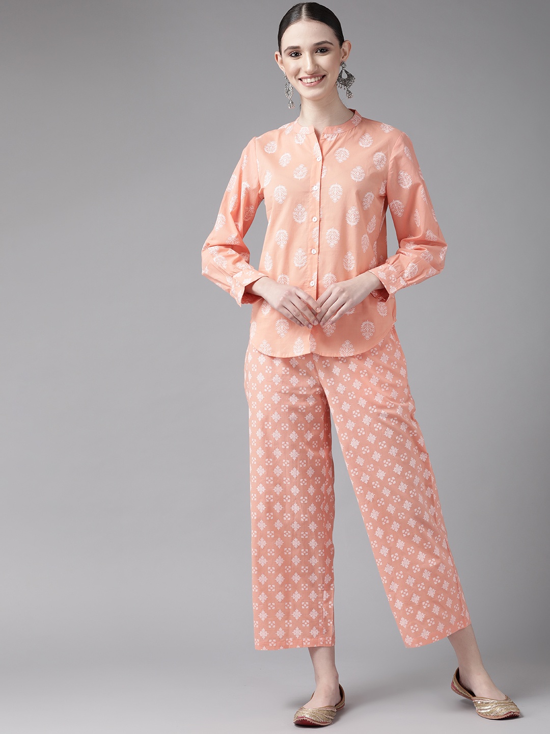 

Amirah s Women Orange Floral Printed Pure Cotton Top with Trousers