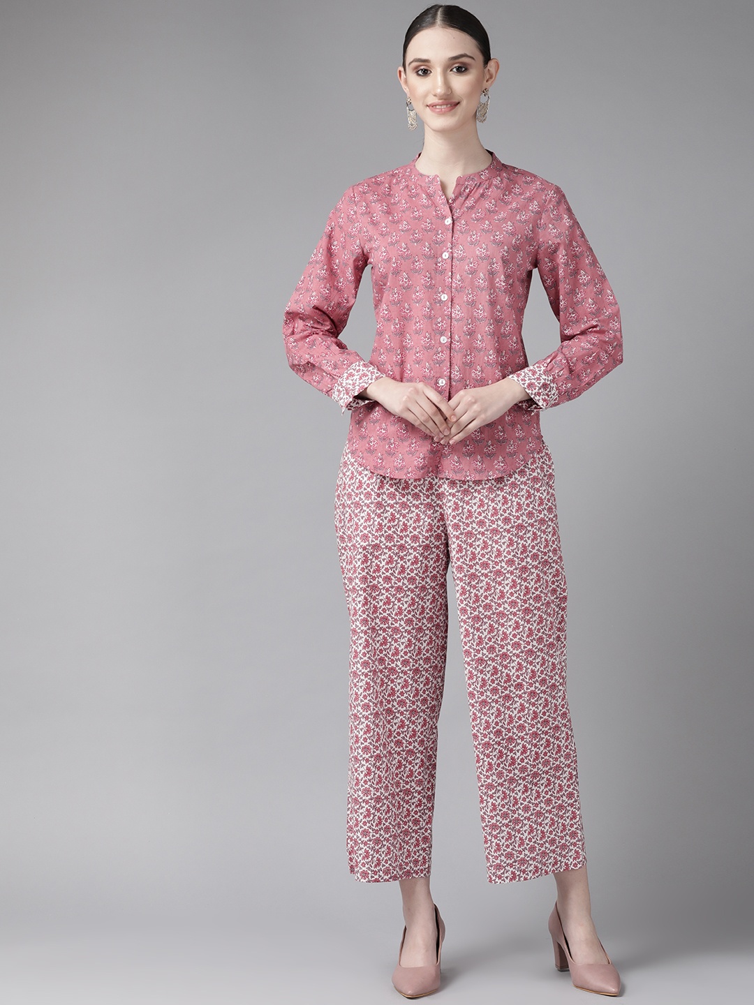 

Amirah s Women Rose Floral Printed Pure Cotton Top with Trousers