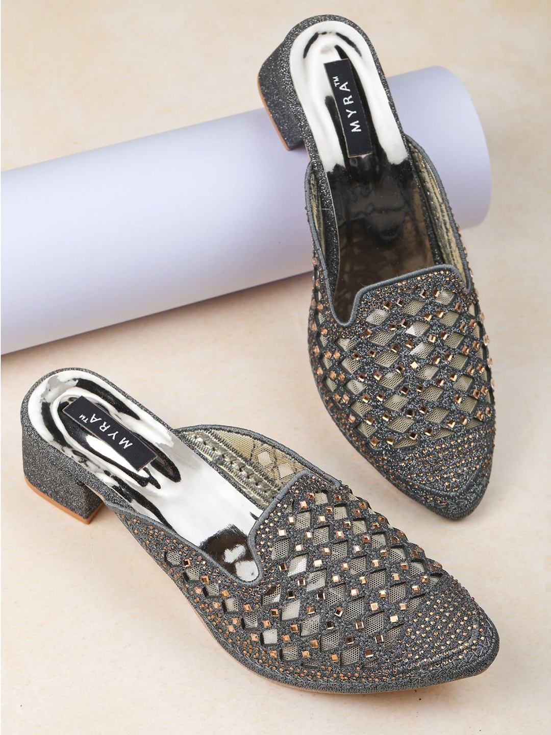 

Myra Women Grey & Gold-Toned Embellished Block Heels