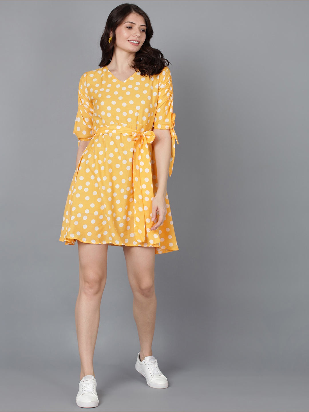 

Fashfun Yellow And White Polka Dot Print Knee Length A Line Dress