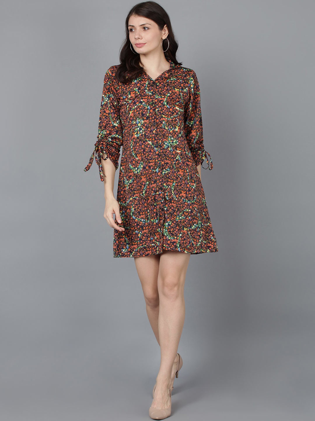 

Fashfun Brown Floral Crepe A-Line Dress
