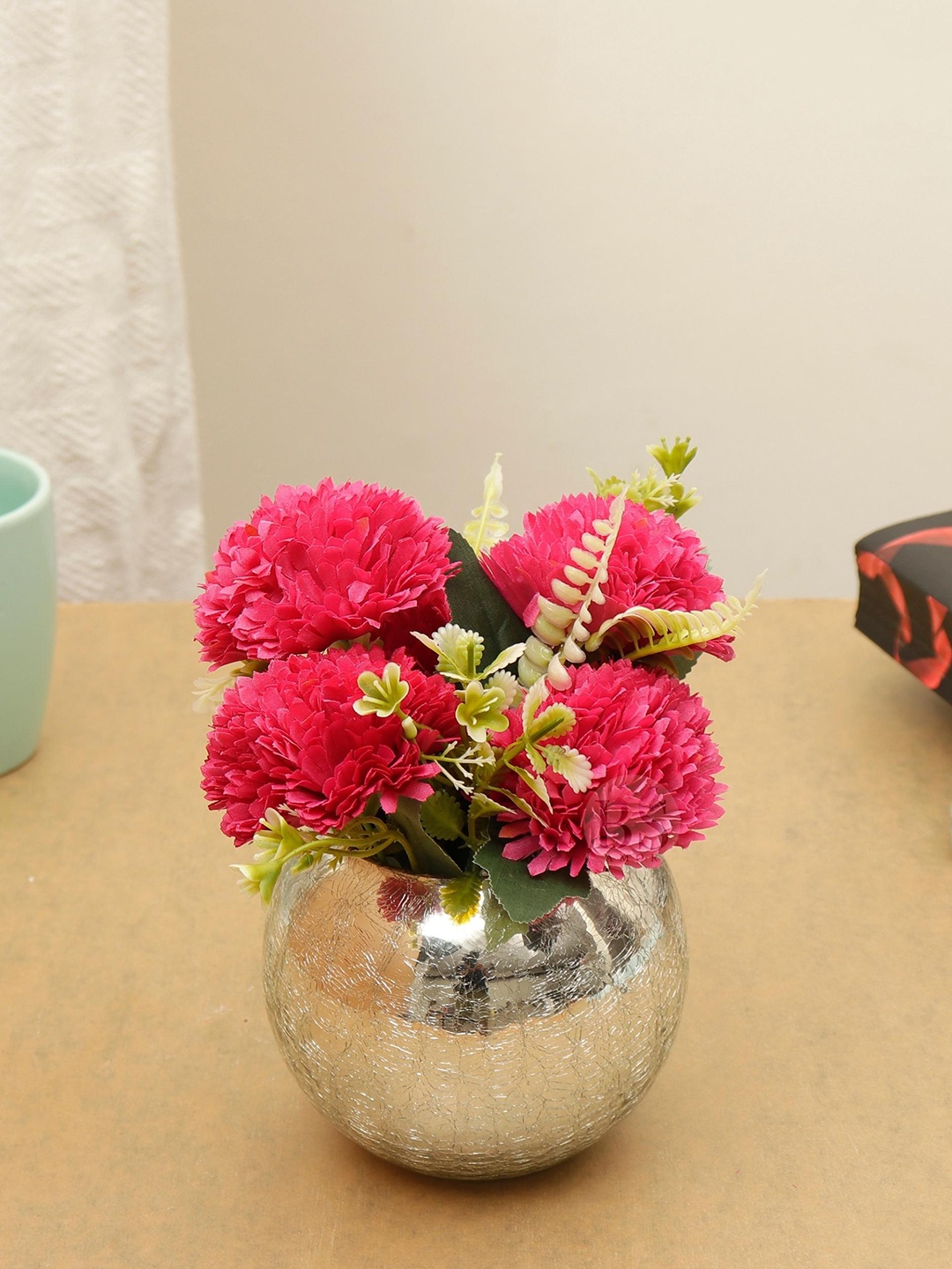 

BS AMOR Rose Dahlia Artificial Flowers With Crackled Glass Vase