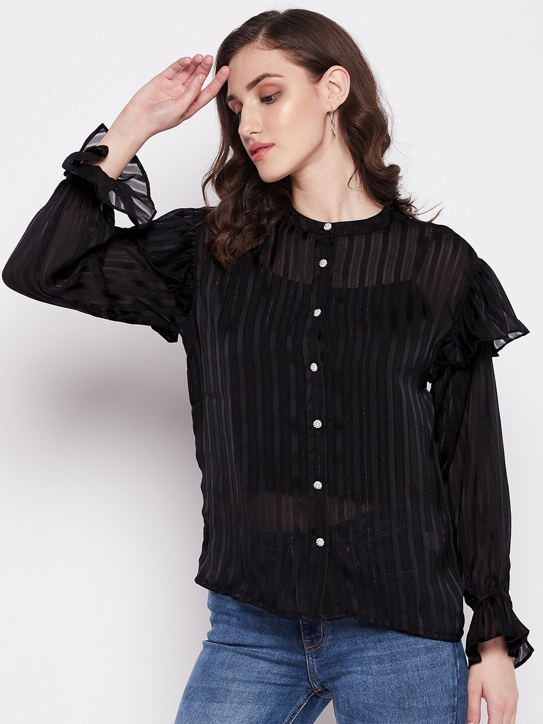 

Madame Black Women Striped Mandarin Collar Shirt Style Top