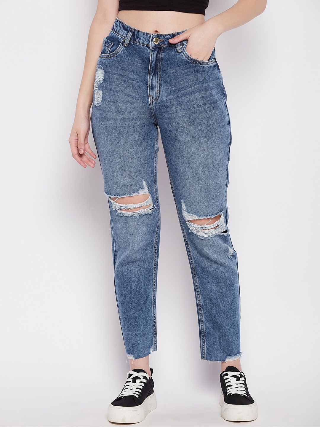 

Madame Women Navy Blue Slash Knee Heavy Fade Jeans