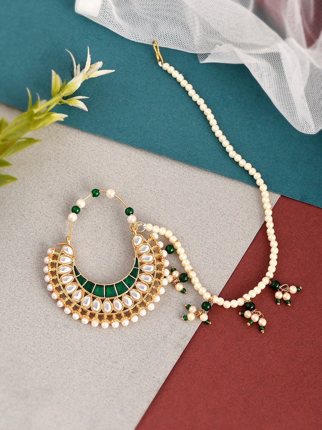 

Silvermerc Designs Gold-Plated Green & White Kundan Studded Pearl Beaded Meenakari Chained Nosepin