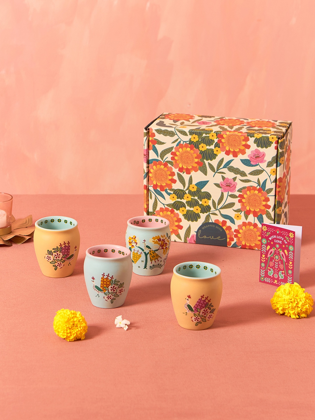 

Chumbak Set Of 4 Printed Ceramic Cups Home Gift Sets, Green