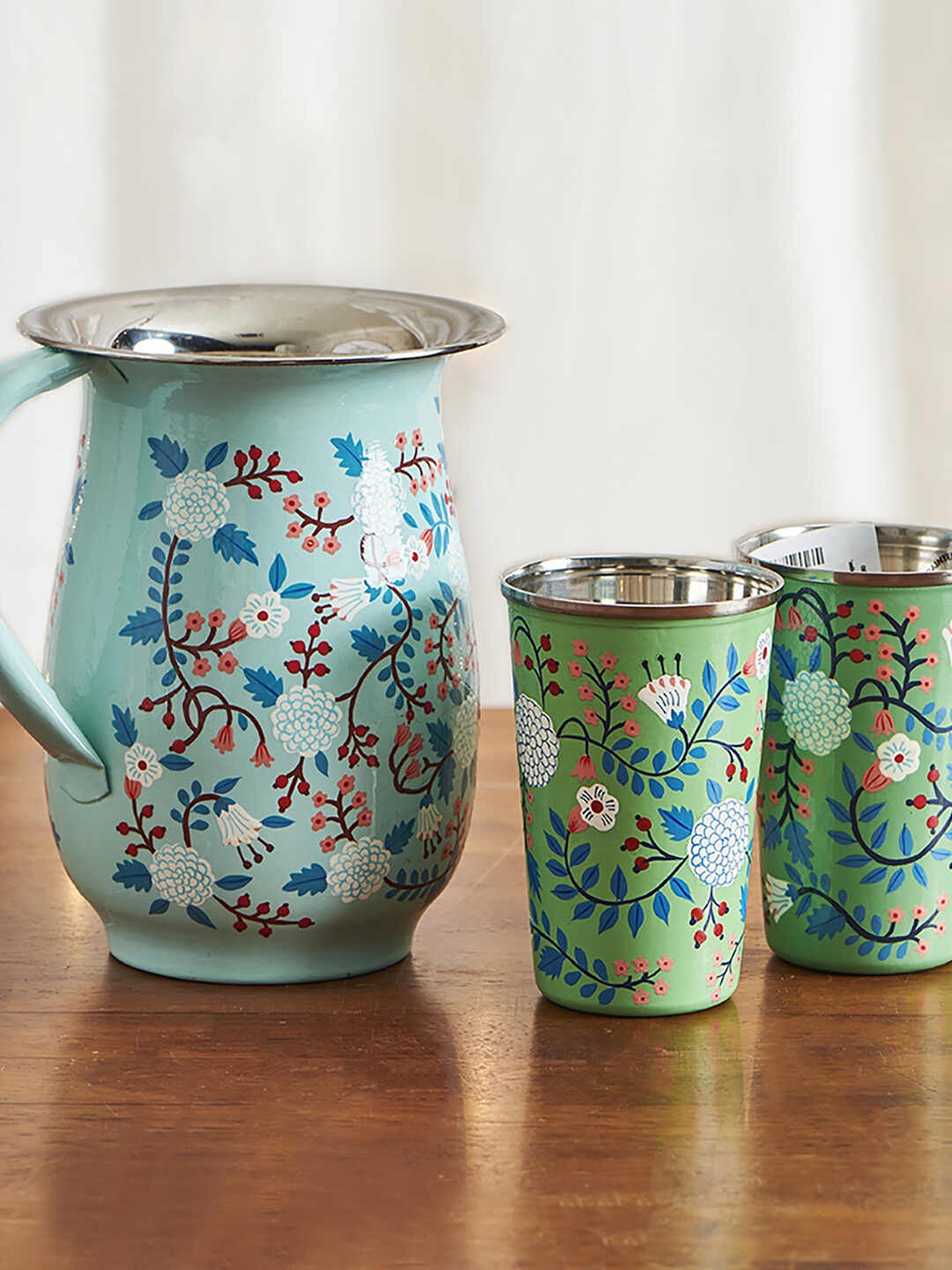 

Chumbak Set Of 2 Printed Tumbler With Pitcher Home Gift Sets, Green