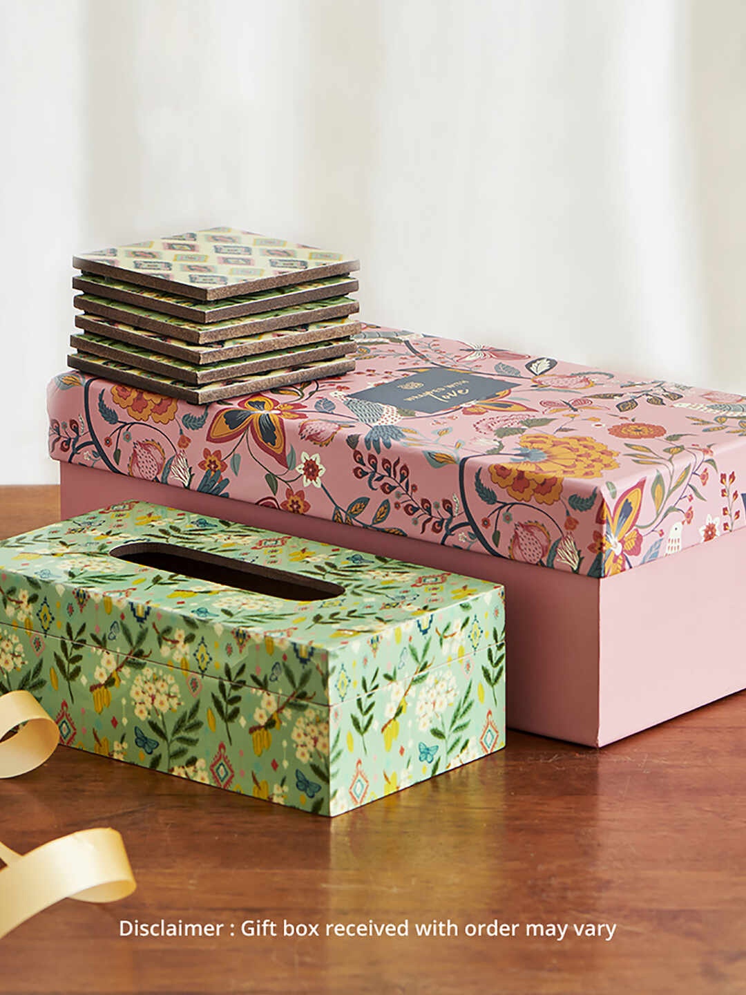 

Chumbak Set Of 6 Printed Coasters With Napkin Holder Home Gift Sets, Green