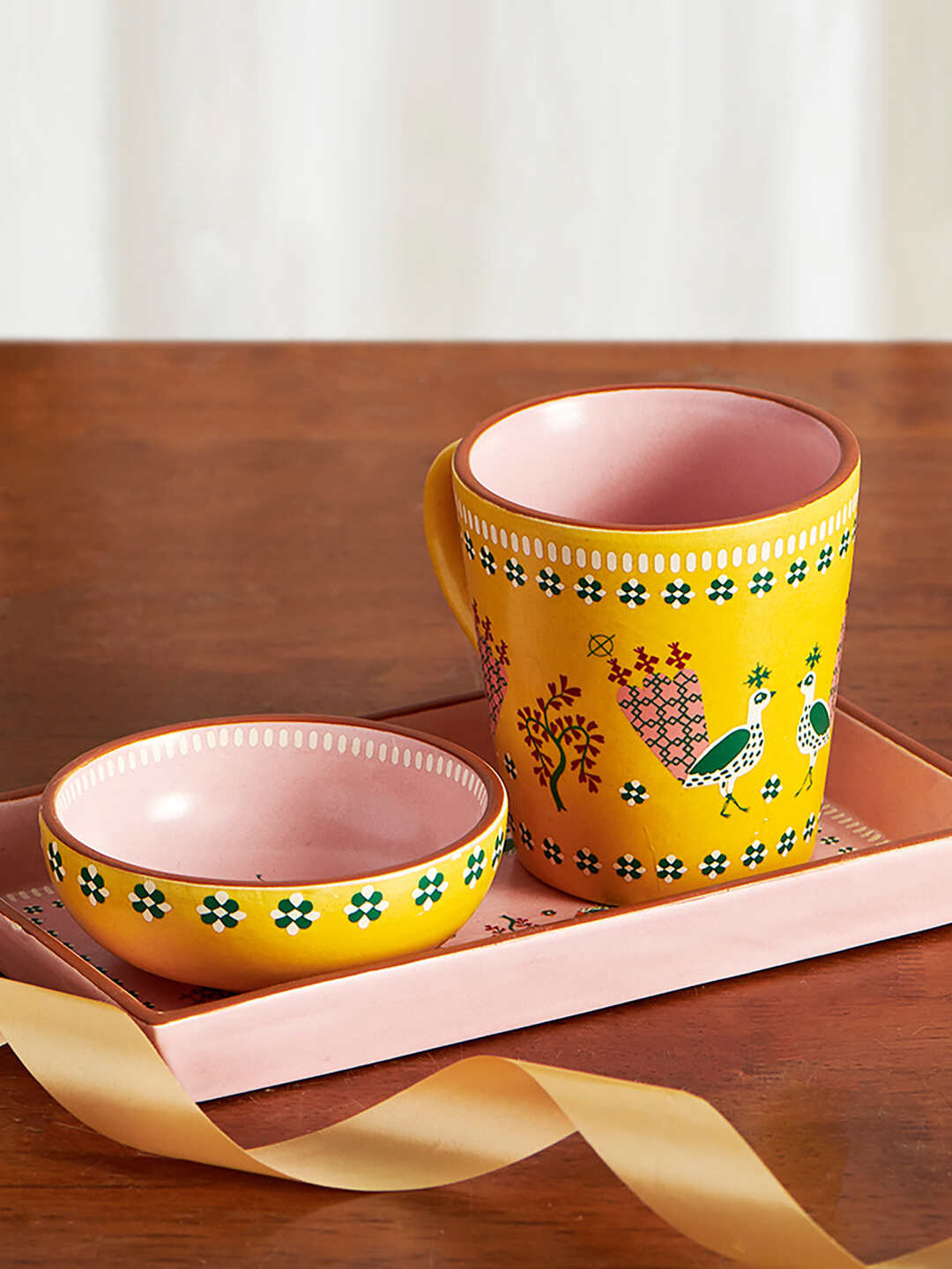 

Chumbak Set Of 3 Printed Bowl, Mug & Snack Tray Gift Set, Pink