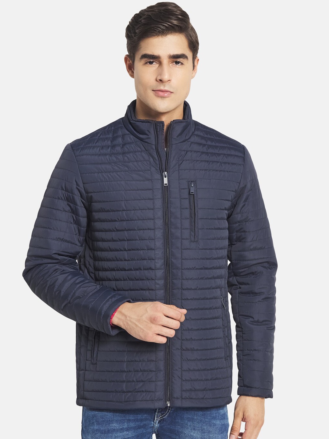 

METTLE Men Navy Blue Solid Padded Jacket