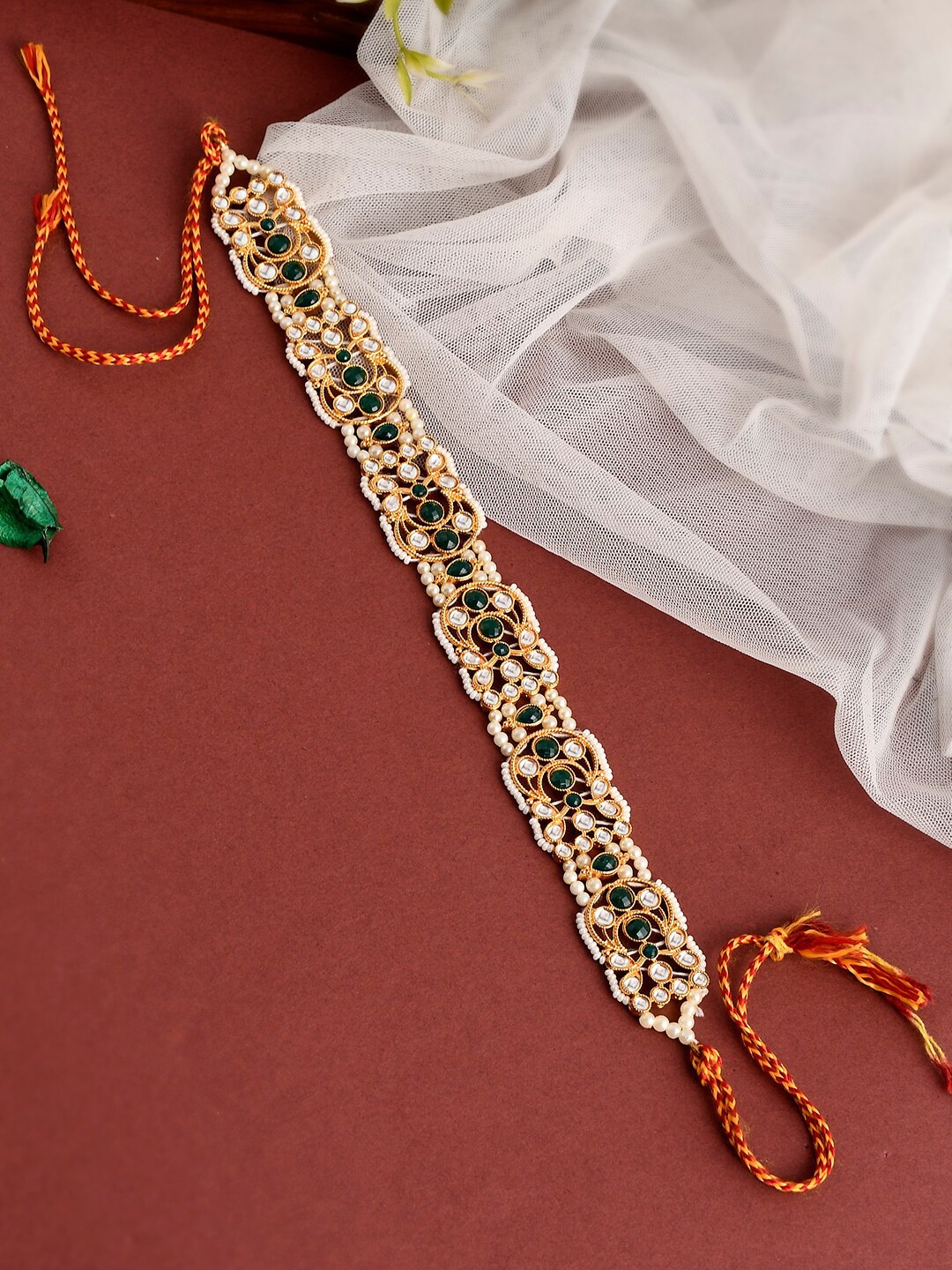 

Silvermerc Designs Gold-Plated Green & White CZ studded Matha Patti