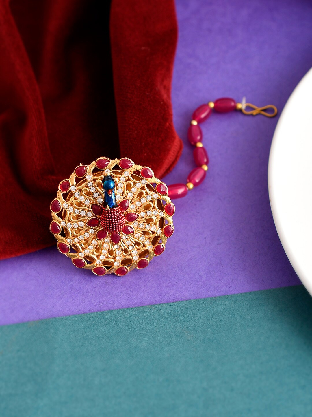 

Silvermerc Designs Gold-Plated Quartz-Studded Peacock Borla Sheeshphool