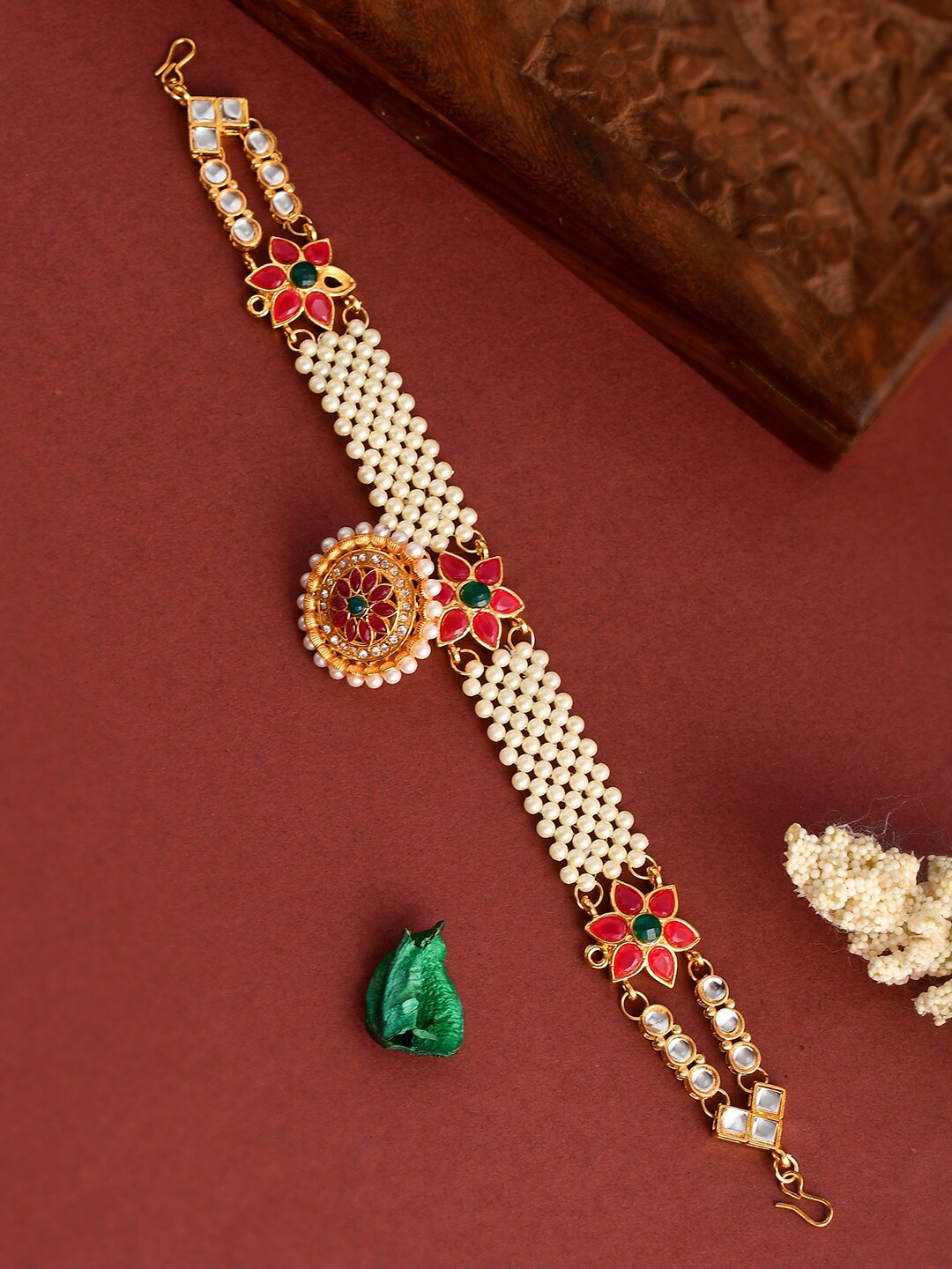 

Silvermerc Designs Gold-Plated Stone Studded & Pearl Beaded Sheeshphool