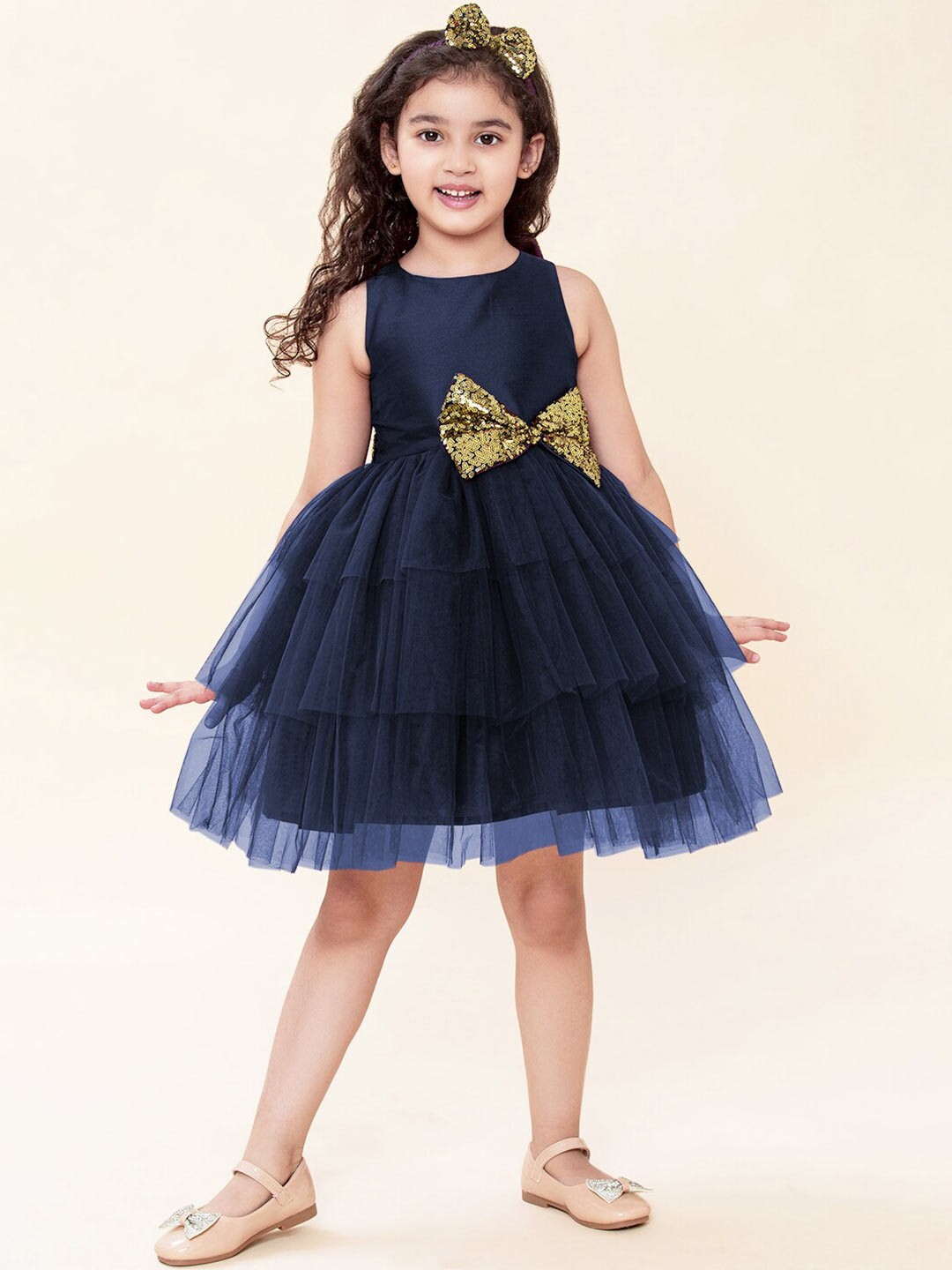 

A T U N Navy Blue & Gold-Toned Embellished Net Dress