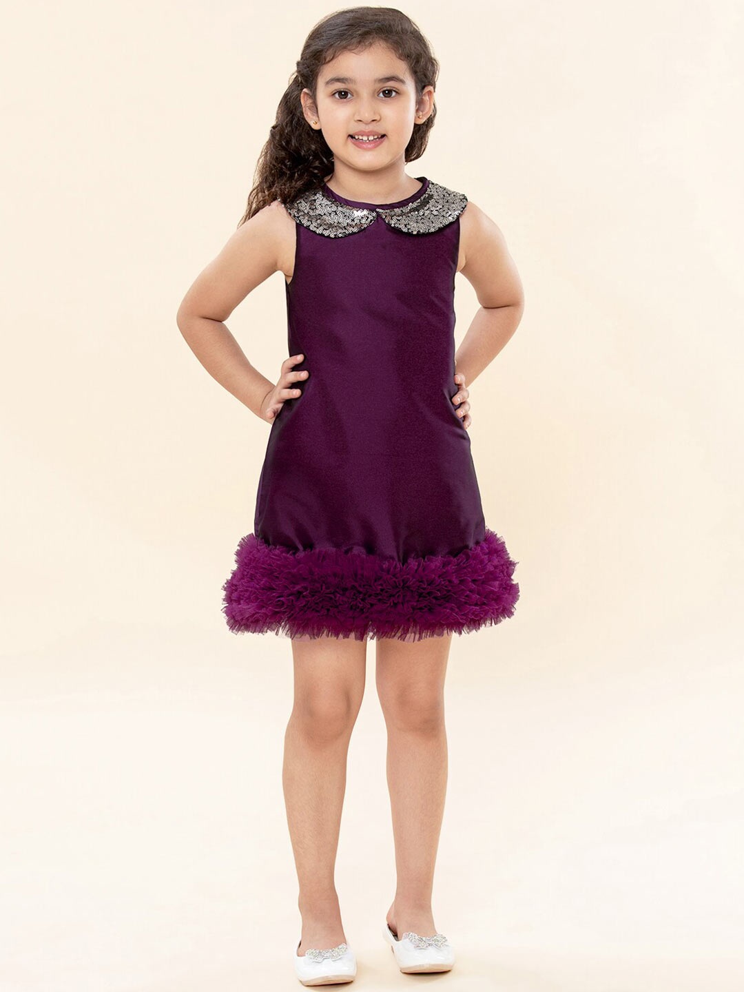 

A T U N Purple & Silver-Toned Peter Pan Collar A-Line Dress