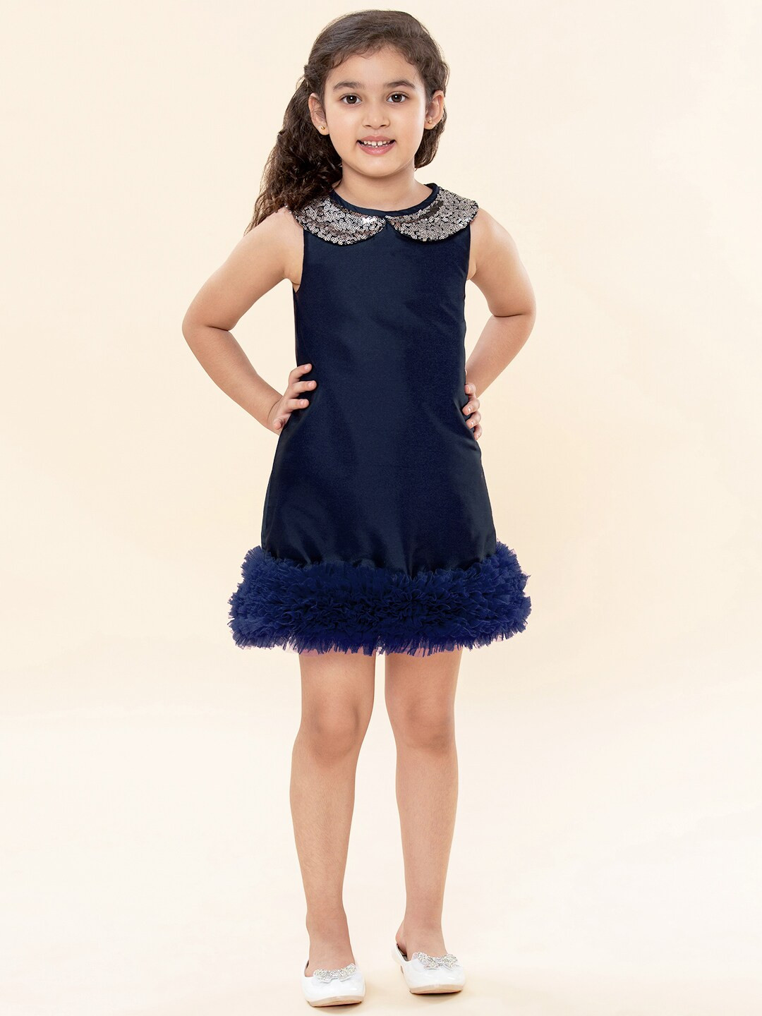 

A T U N Navy Blue Embellished Peter Pan Collar A-Line Dress