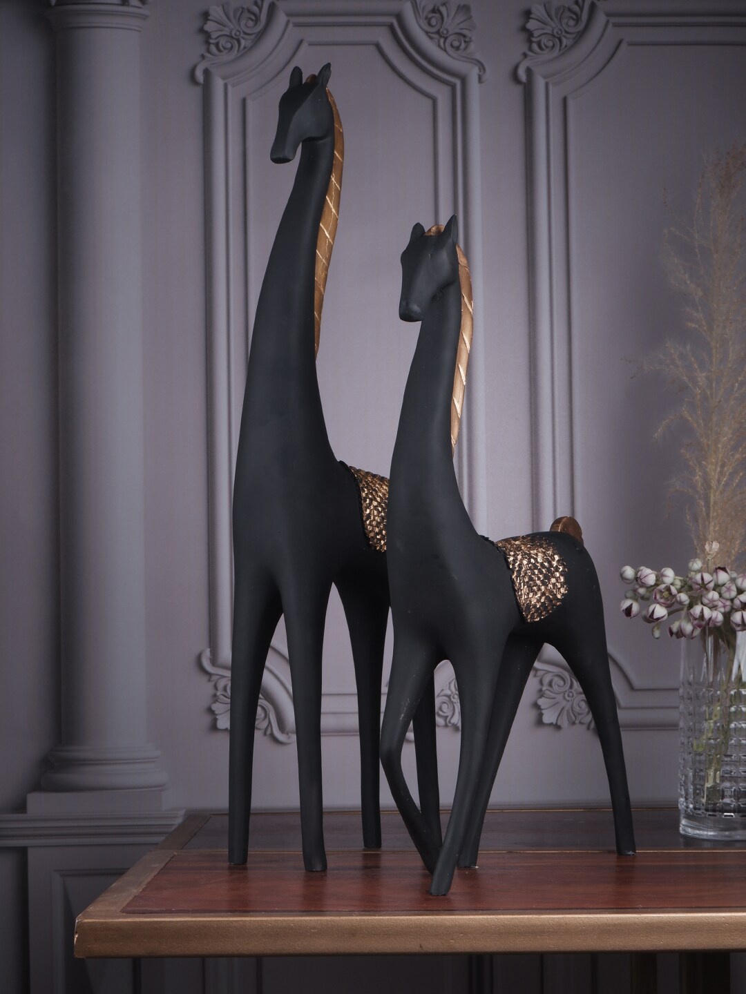 

THE WHITE INK DECOR Set of 2 Gold-Toned & Black Solid Giraffe Figurine Showpieces