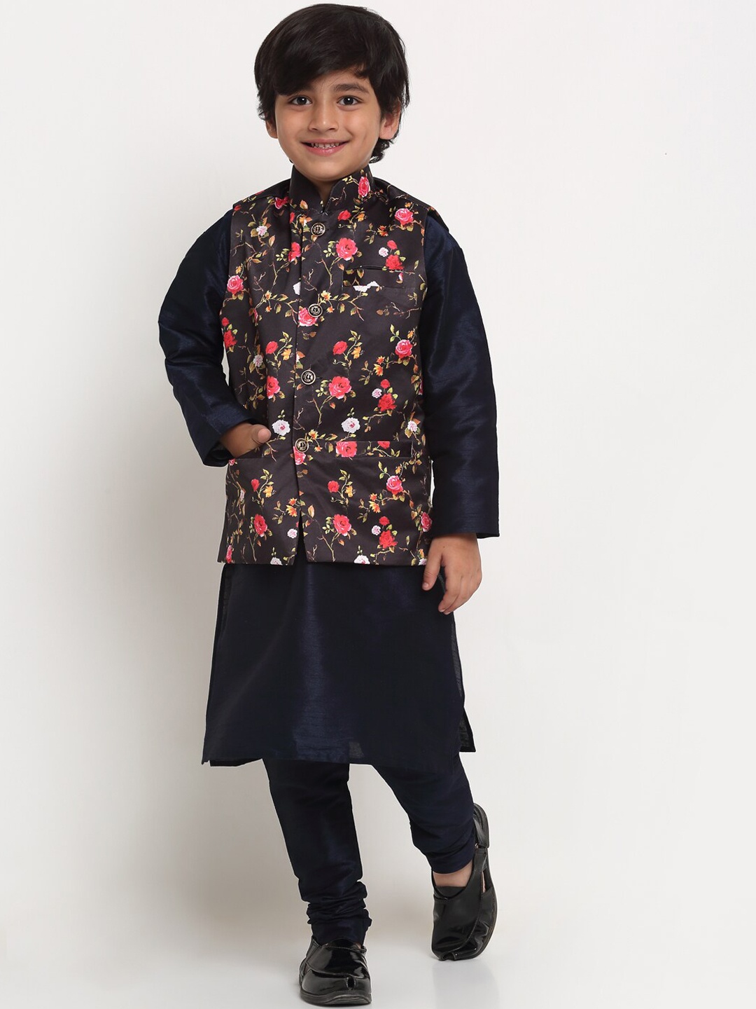 

Benstoke Boys Navy Blue Floral Printed Kurta with Churidar