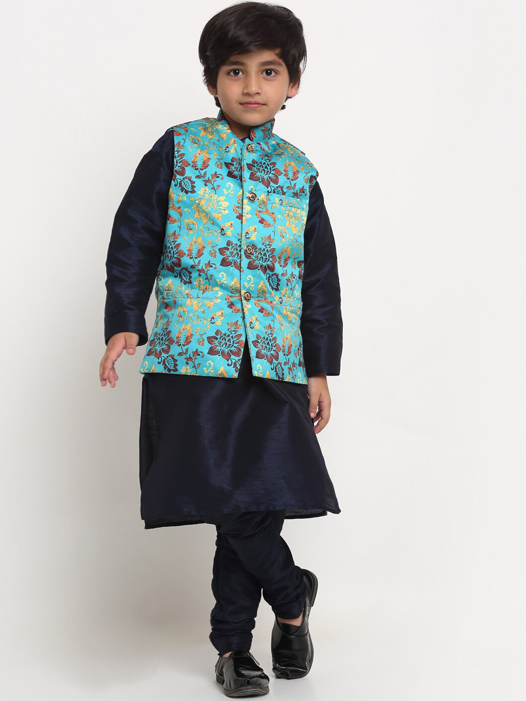 

Benstoke Boys Navy Blue Floral Printed Kurta with Churidar