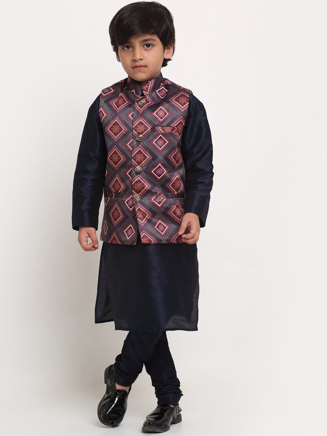 

Benstoke Boys Navy Blue Printed Kurta with Pyjamas & Printed Nehrujacket