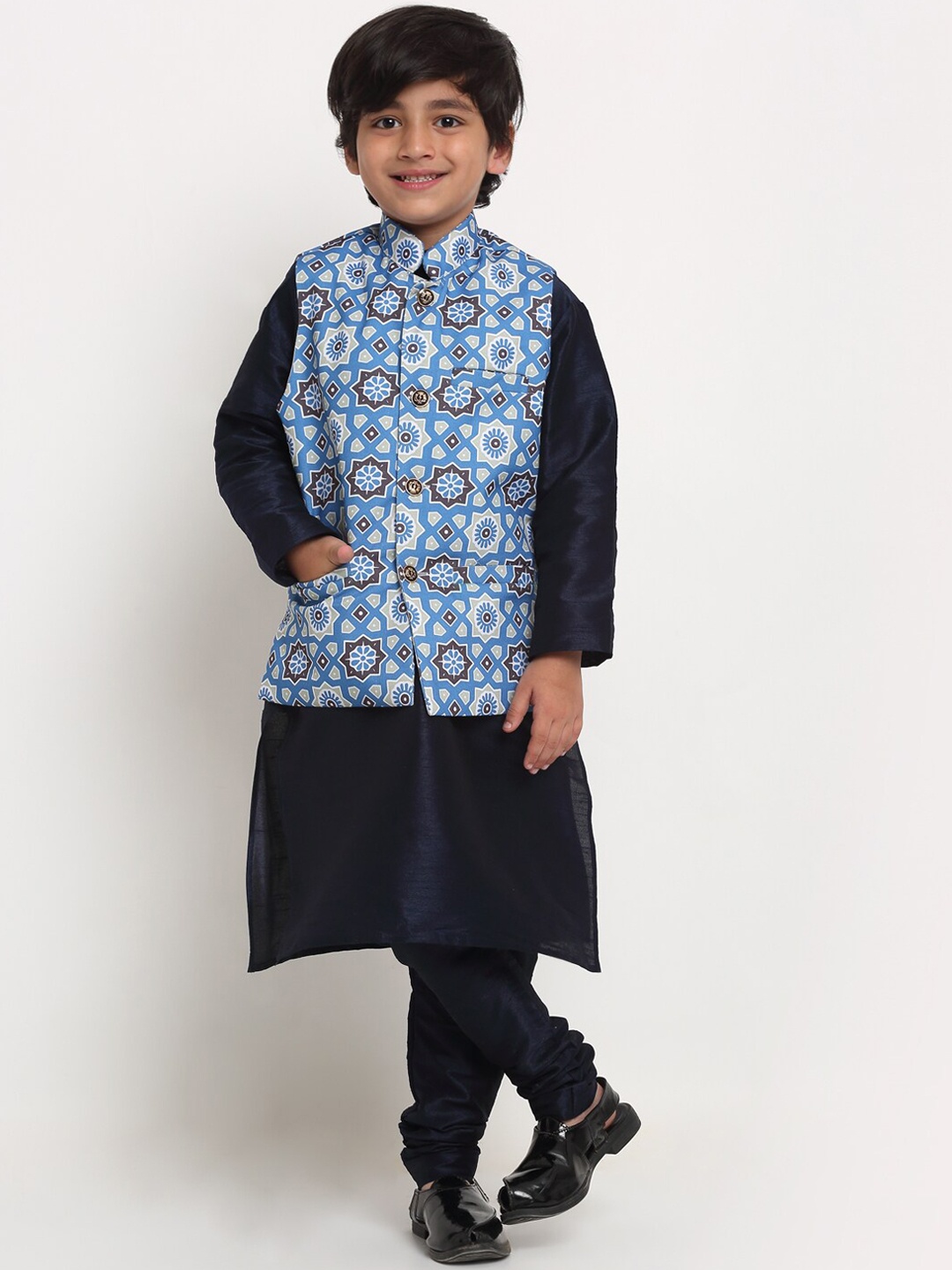 

Benstoke Boys Navy Blue Kurta with Churidar and Nehru Jacket