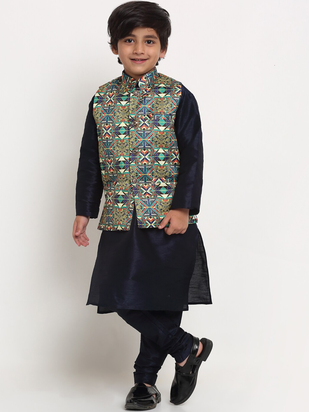 

Benstoke Boys Navy Blue Kurta with Churidar & With Nehru Jacket