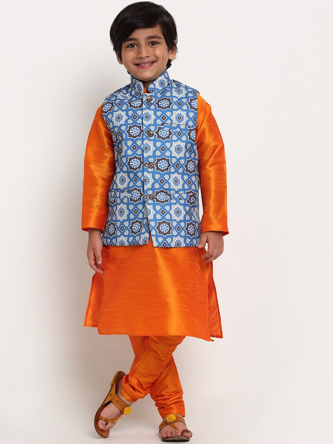

Benstoke Boys Orange & Blue Printed Kurta with Churidar & With Nehru Jacket