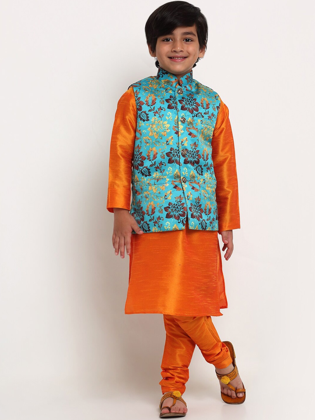 

Benstoke Boys Mustard Yellow Kurta with Churidar With Jacket