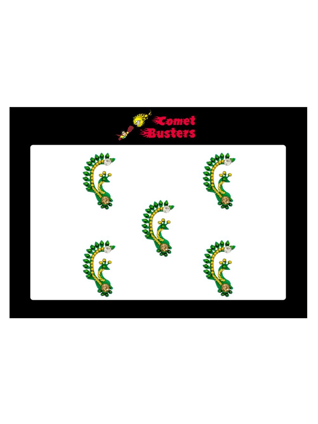 

Comet Busters 5 Pcs Embellished Reusable Peacock-Shaped Designer Bindis - Green