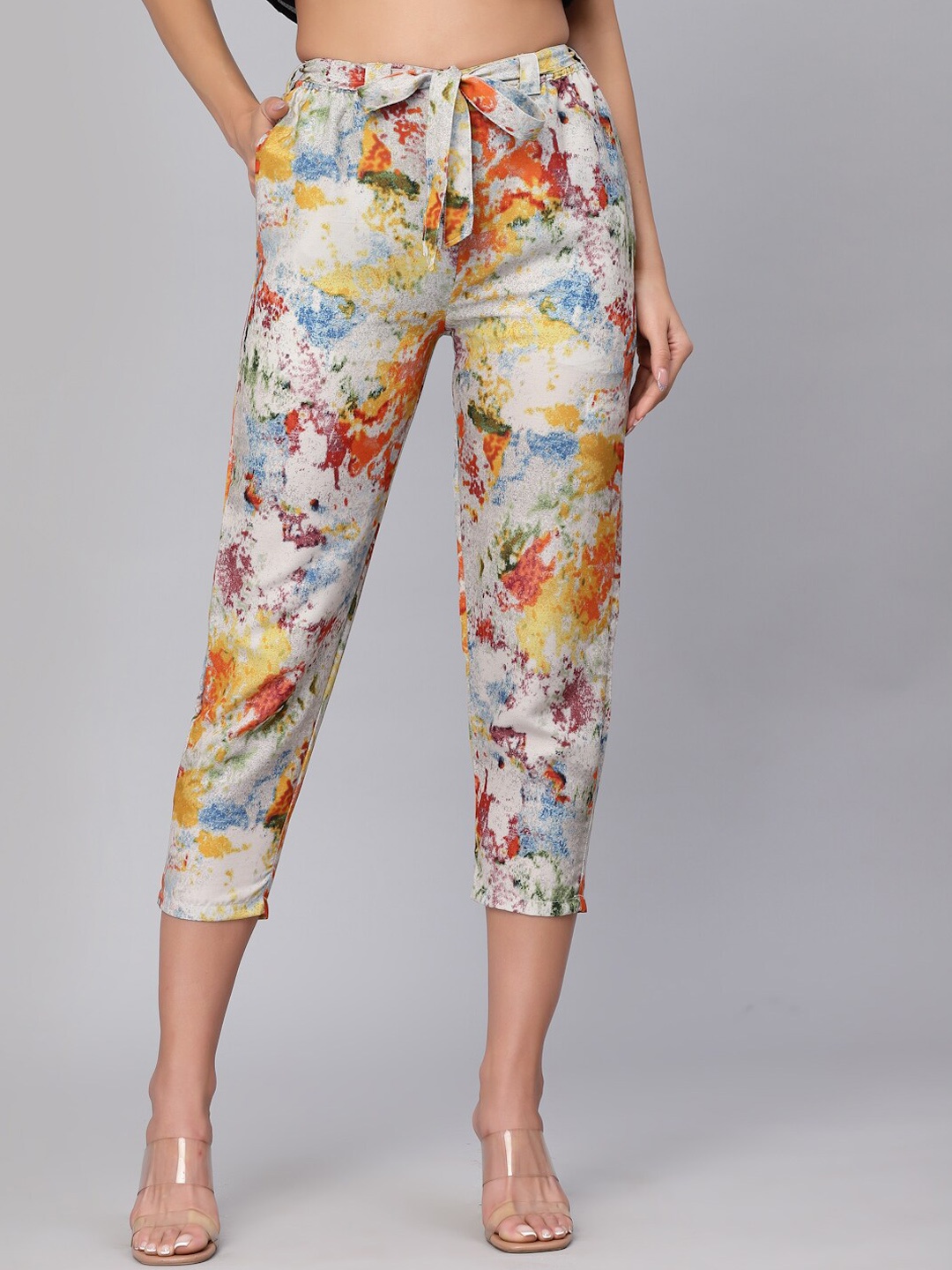 

J Style Women Orange & Blue Printed Smart Slim Fit Trousers