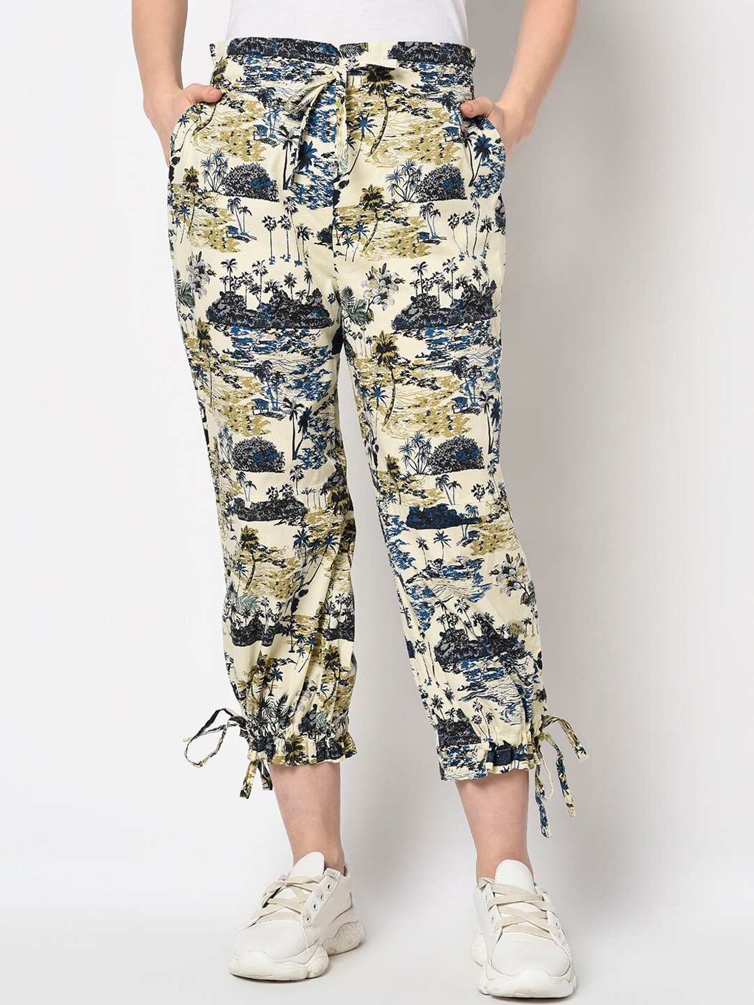 

J Style Women Cream-Coloured Floral Printed Smart Straight Fit Trousers