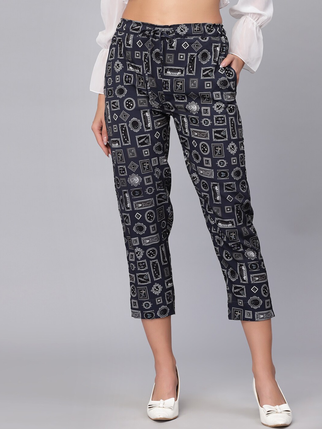 

J Style Women Blue Printed Smart Straight Fit Culottes Trousers