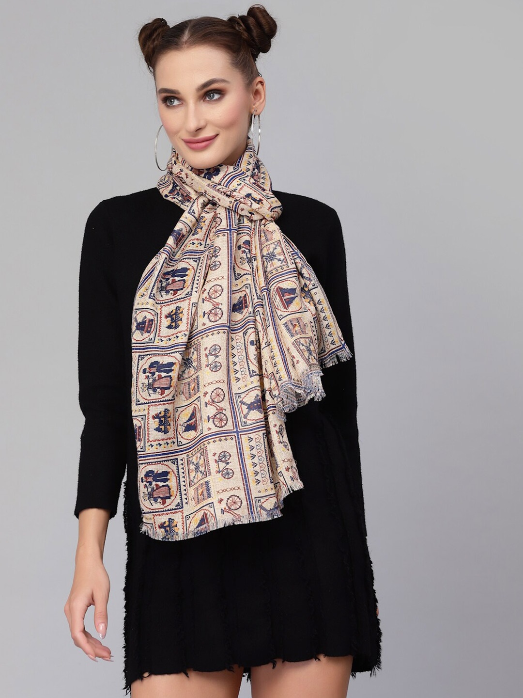 

J Style Women Cream-Coloured & Navy Blue Printed Stole