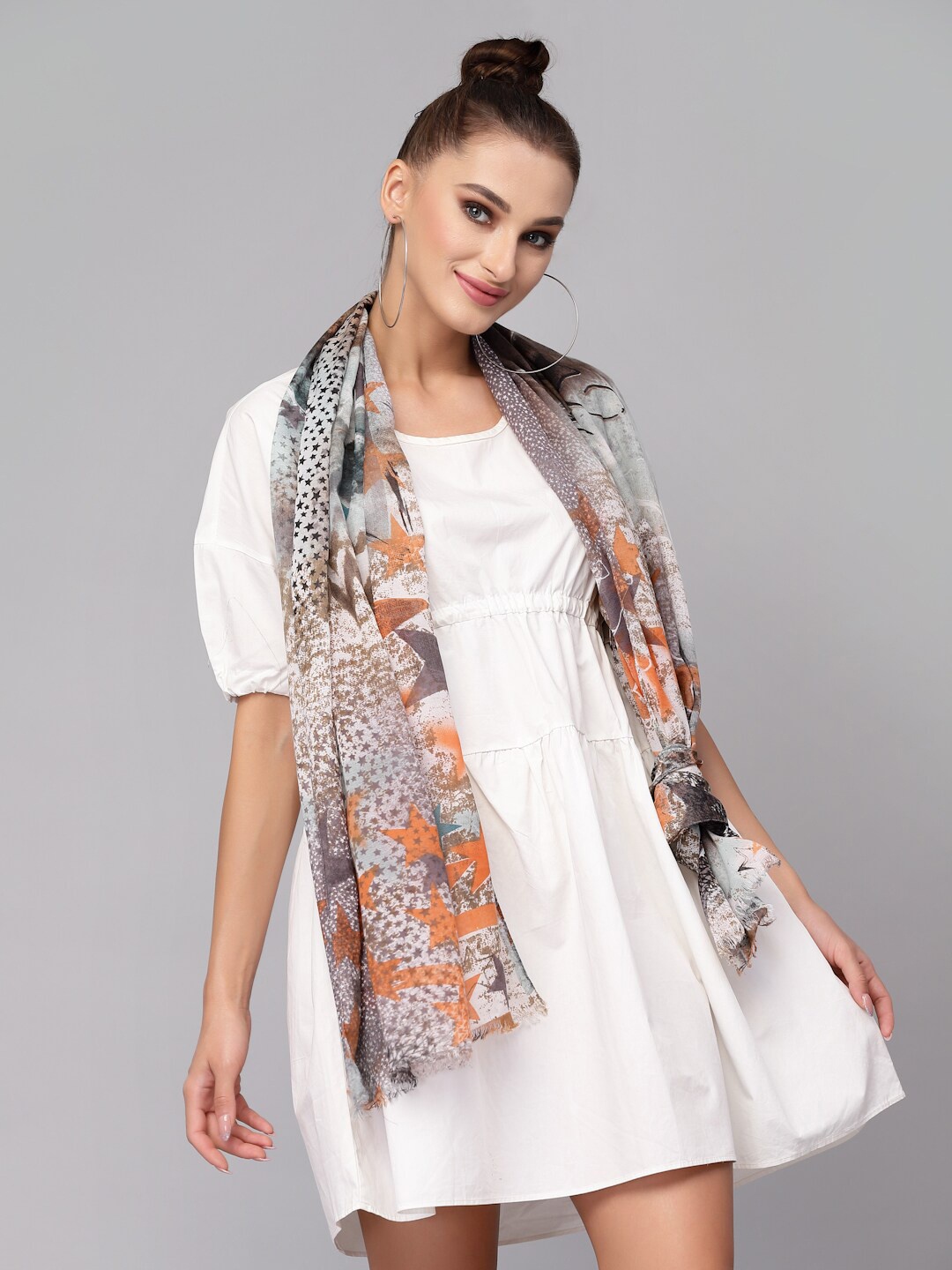 

J Style Women Grey & Orange Printed Stole