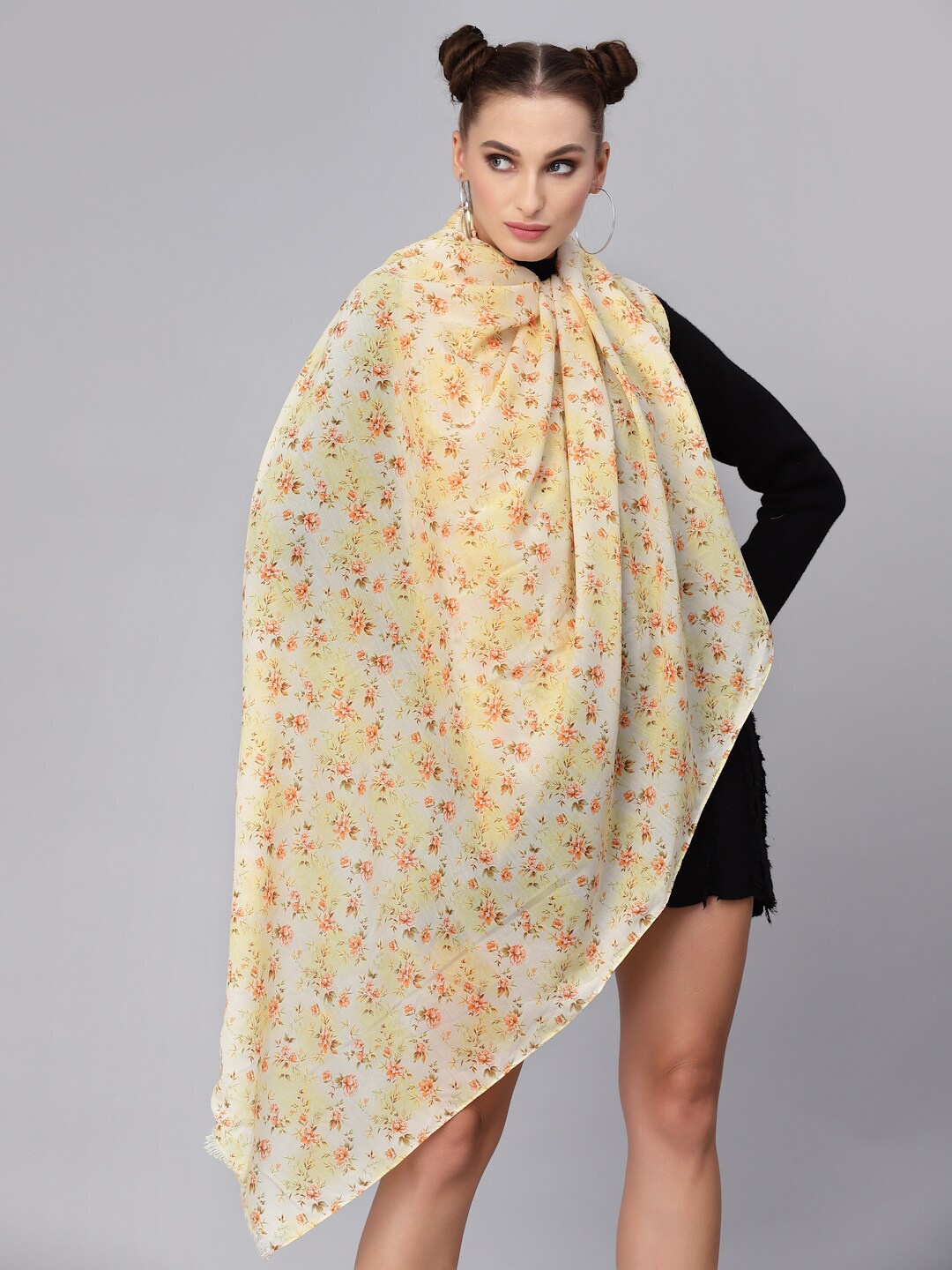 

J Style Women Yellow & Off White Floral Printed Stole