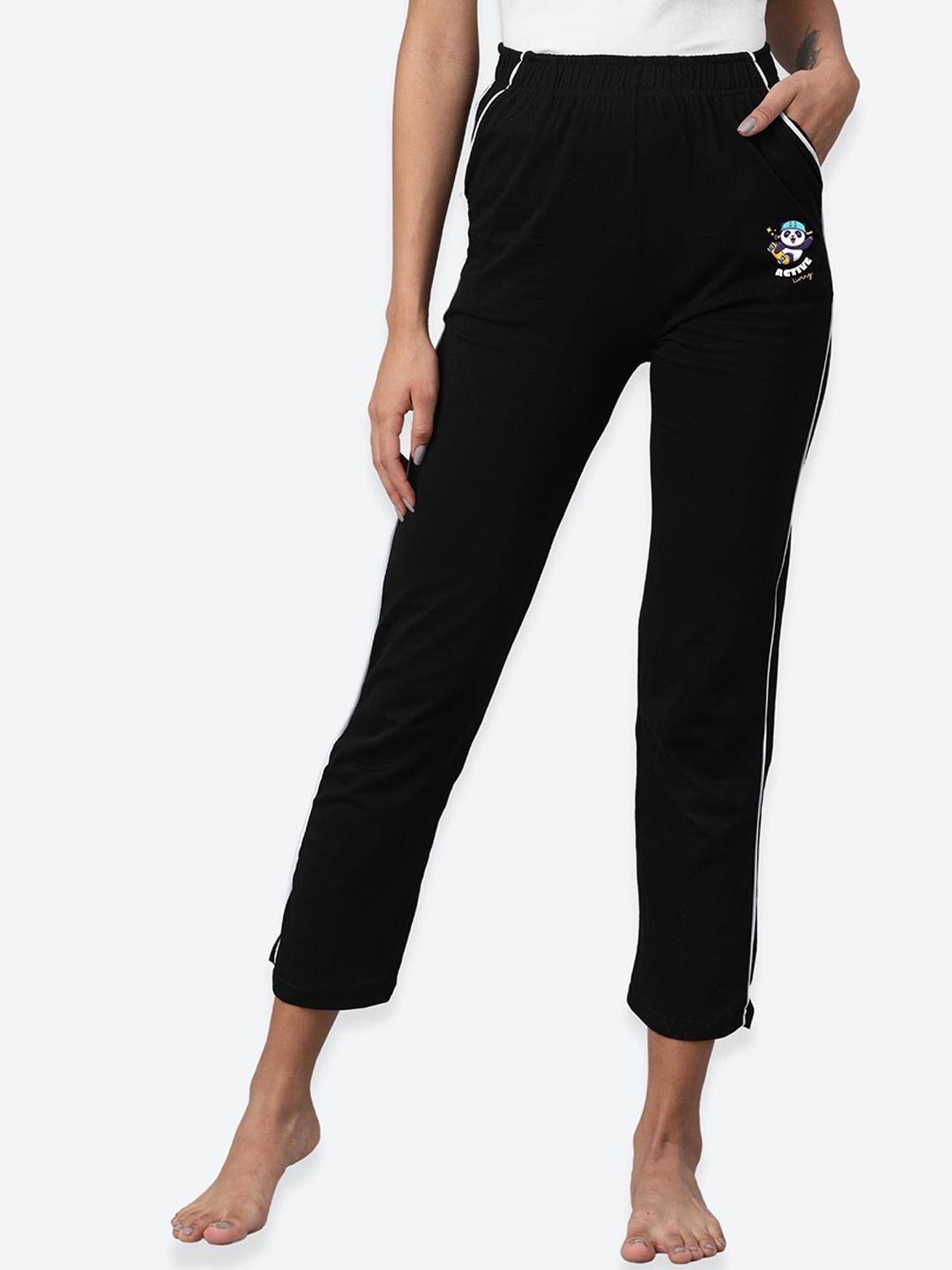 

NOT YET by us Women Black Solid Pure Cotton Lounge Pants