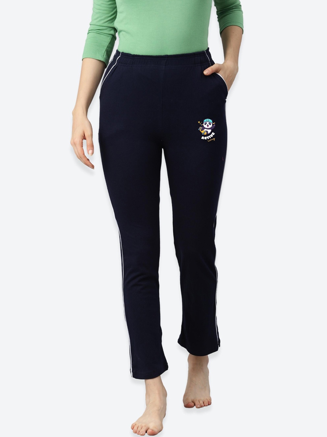 

NOT YET by us Women Navy Blue Solid Pure Cotton Lounge Pants