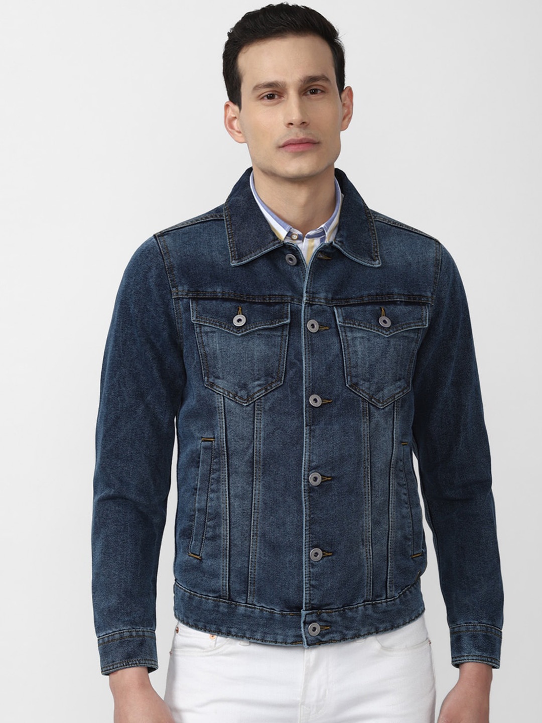 

Peter England Casuals Men Navy Blue Washed Crop Denim Jacket