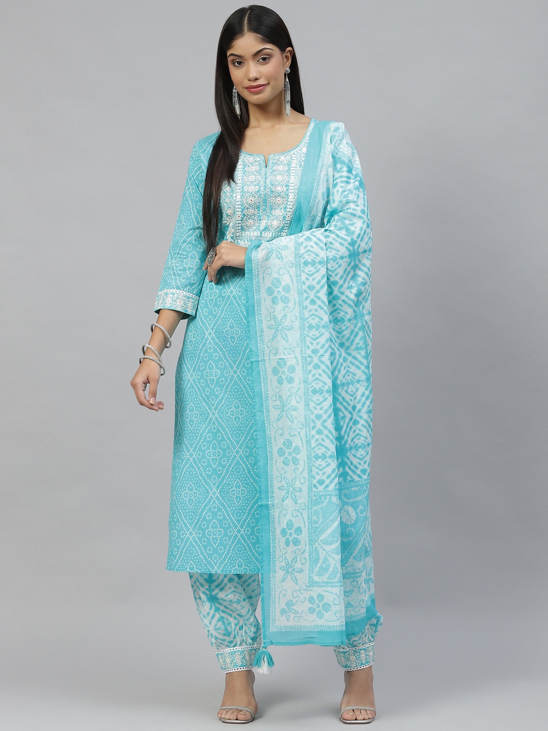 

Divena Women Blue & White Bandhani Printed Thread Work Cotton Kurta with Salwar & Dupatta
