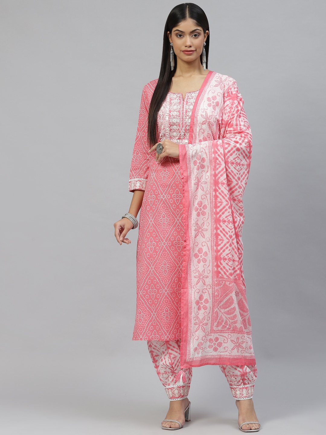 

Divena Women Pink & White Bandhani Printed Cotton Kurta with Salwar & Dupatta