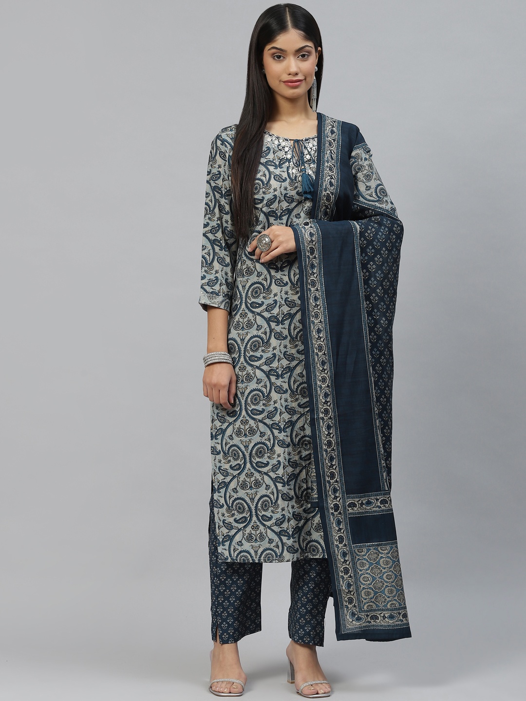 

Divena Women Grey & Navy Blue Ethnic Motifs Printed Kurta with Trousers & With Dupatta