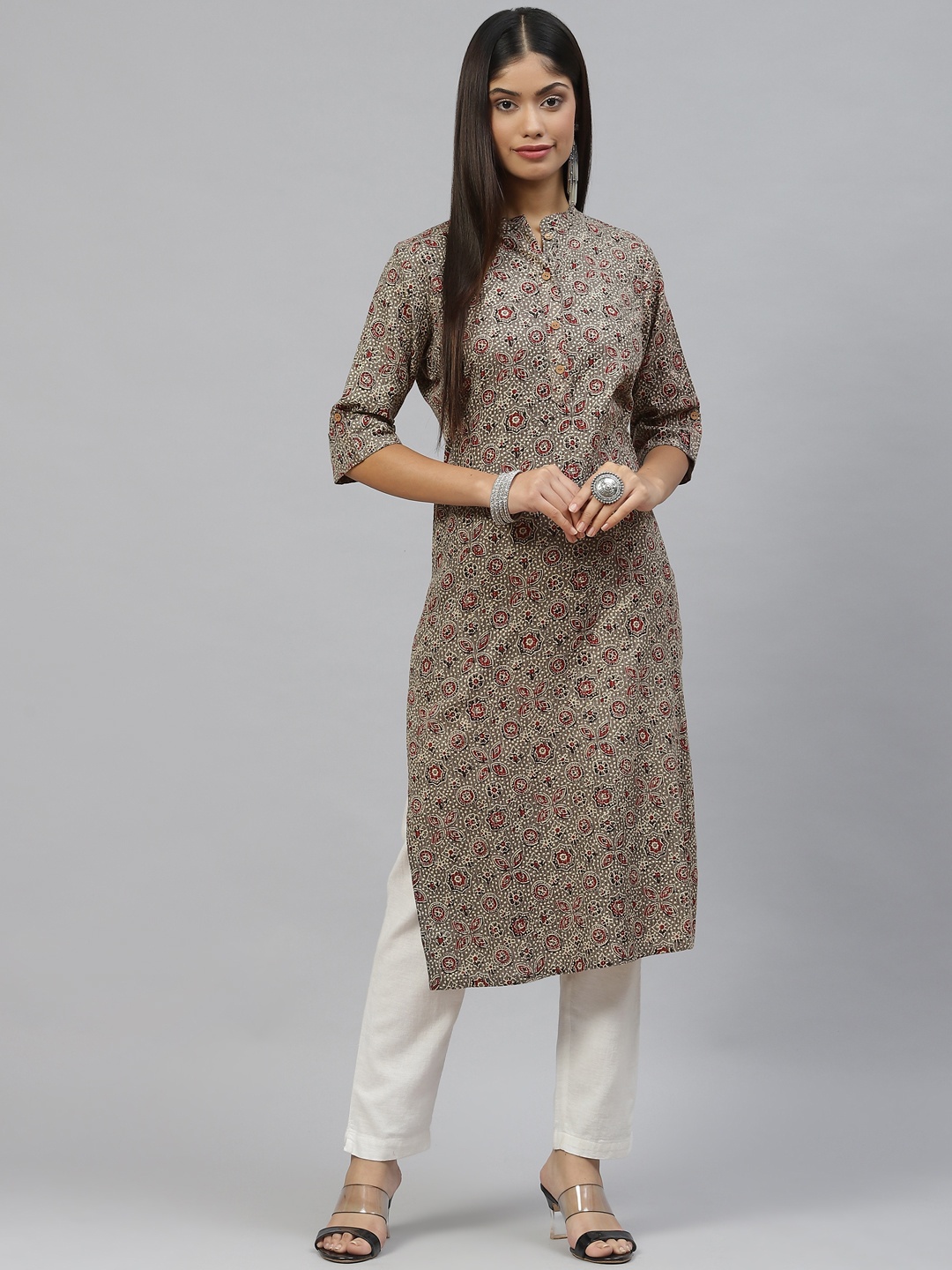 

Divena Women Taupe & Maroon Ethnic Motifs Printed Cotton Kantha Work Kurta